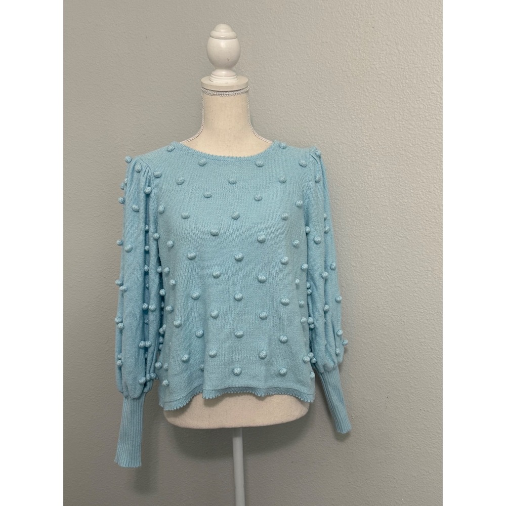 Lilly Pulitzer Blue Pom Pom Bobble Knit Sweater Puff Sleeve Scallop Neck Medium